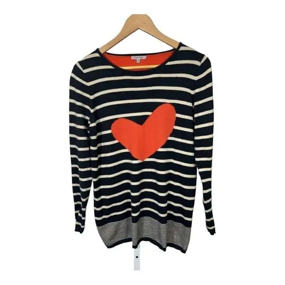 LISA TODD Women’s Cotton/Cashmere Blend Heart/Striped Sweater Black/White Small - Picture 2 of 10